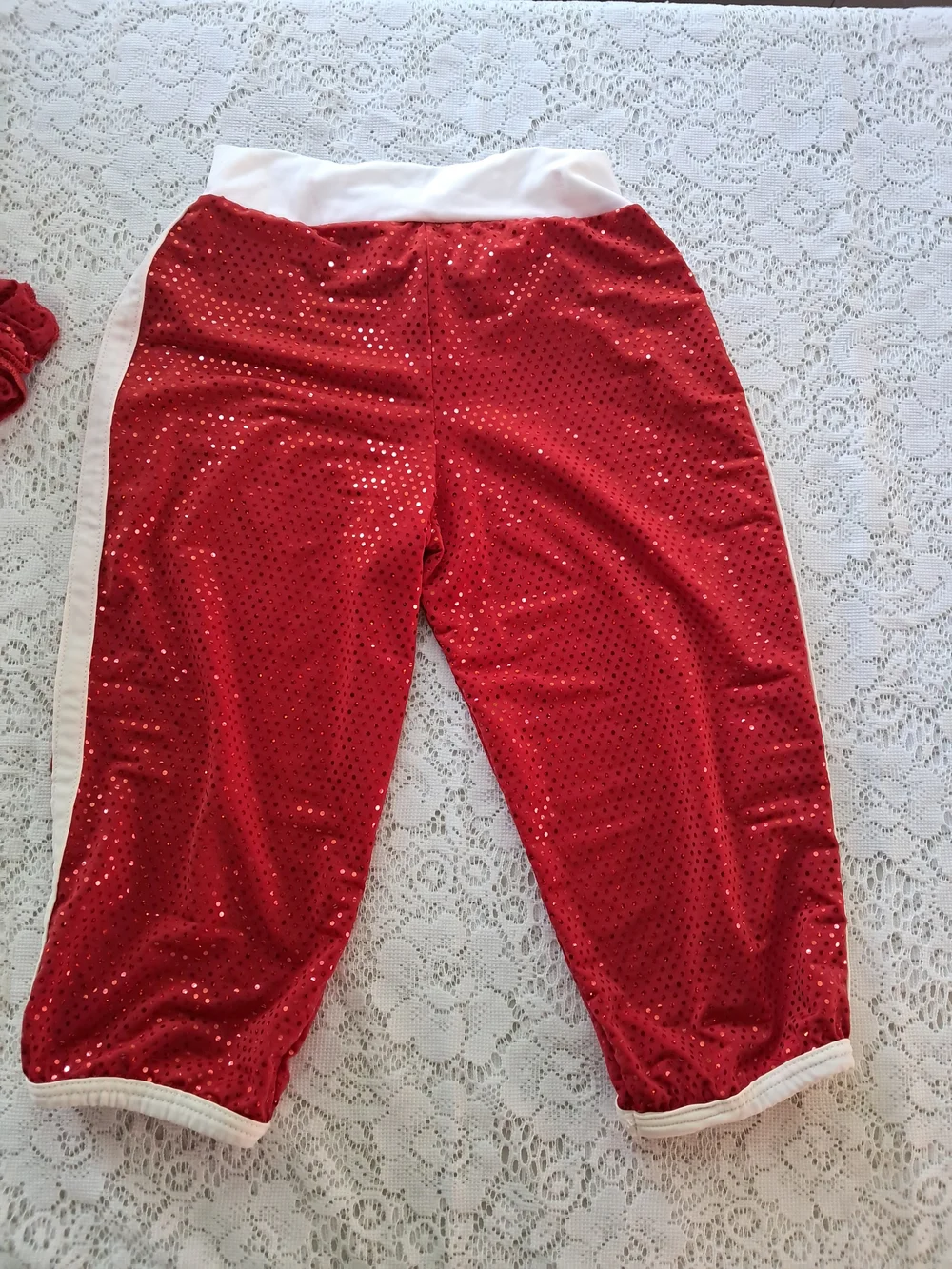 5 pc Dance Bundle Girls 6x Red Sequin Jacket, Pants, Bodysuit. Tights & Pony